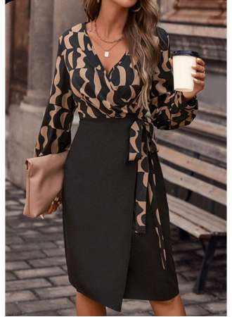 Kadın Uzun Kollu Kruvaze Yaka Dijital Baskılı Fiyonk Detay Atlas Kumaş Elbise