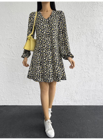 Kadın Uzun Kollu V Yaka çiçek Desenli Helen Kumaş Elbise