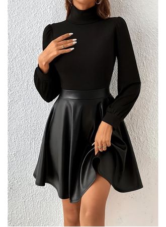 Kadın Uzun Kollu Balıkçı Yaka üst Kaşkorse Alt Deri Detaylı Mini Elbise