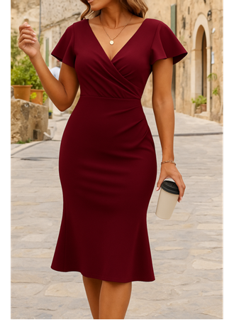 Kadın Kısa Kelebek Kollu Kruvaze Yaka Ithal Krep Midi Elbise