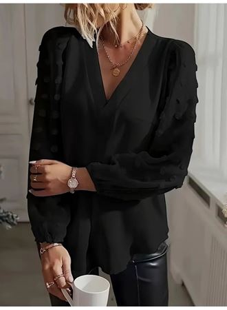 Kadın Uzun Kollu V Yakalı Kolları Popon Detaylı Sandy Bluz