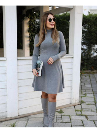 Kadın Uzun Kollu Balıkçı Yaka Salaş Kusa Akrilik Elbise