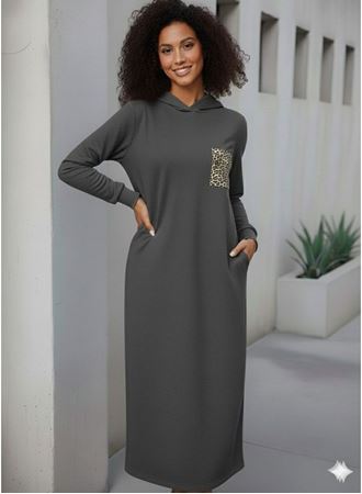 Kadın Uzun Kollu Kapşonlu Cep Detaylı Viskon Iki Iplik Maxi Elbise