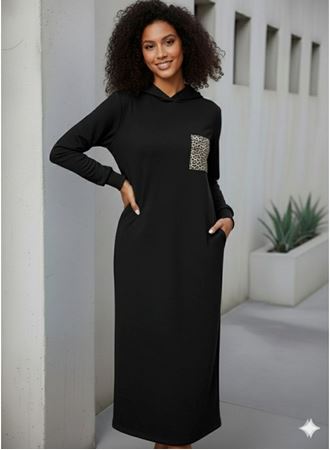 Kadın Uzun Kollu Kapşonlu Cep Detaylı Viskon Iki Iplik Maxi Elbise