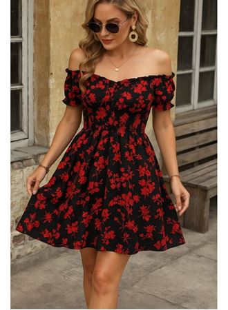 Kadın Kısa Kollu Madonna Yaka Beli Lastikli çiçek Desenli Kısa Süprem Elbise