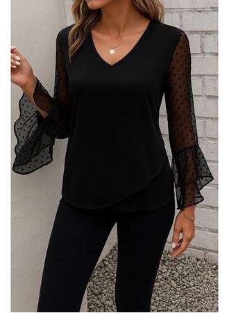 Kadın Uzun Kollu V Yakalı Kolları Ispanyol Detayı Sandy Bluz