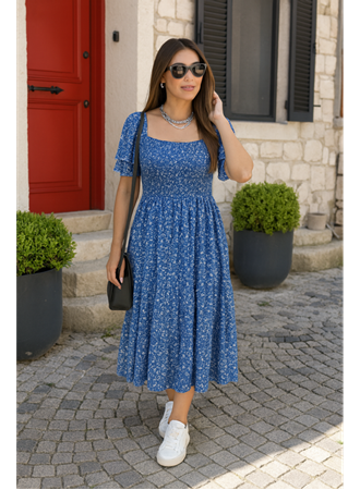 Kadın Kısa Kollu Gipe Detaylı Desenli Midi Süprem Elbise