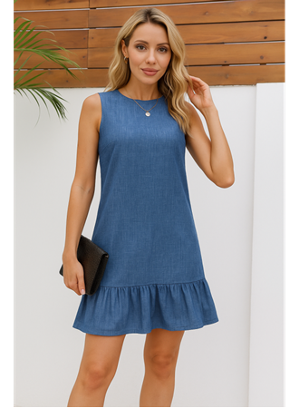 Kadın Kolsuz Bisiklet Yaka Fırfırlı Sofya Elbise