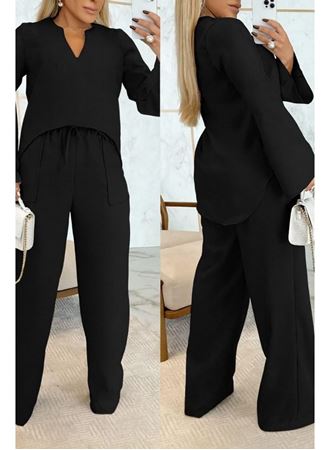 Kadın Uzun Kollu V Yakalı Keten Bluz Bağcıklı Pantolon Ikili Takım