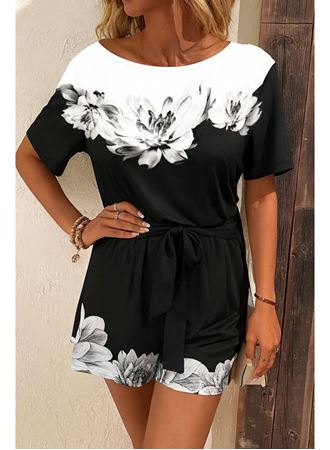 Kadın Tek Omuzu Açık çiçek Desenli Beli Kuşaklı Iki Iplik Mini Short Tulum