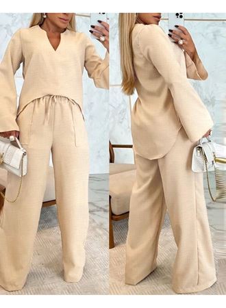 Kadın Uzun Kollu V Yakalı Keten Bluz Bağcıklı Pantolon Ikili Takım