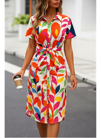 Kadın Kısa Kollu Yakalı önü Düğmeli önden Drapeli Desenli Süprem Elbise