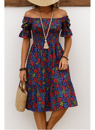 Kadın Kısa Kollu Kare Yakalı Beli Lastikli çiçek Desenli Mini Süprem Elbise