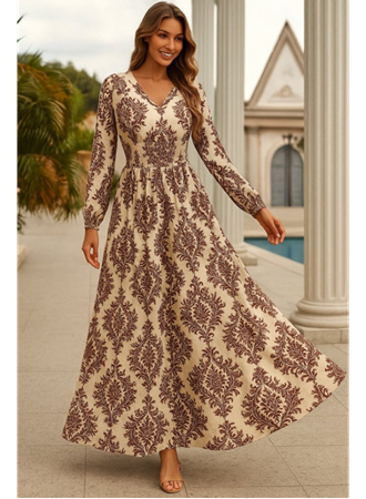 Kadın Uzun Kollu V Yakalı Desenli Süprem Elbise