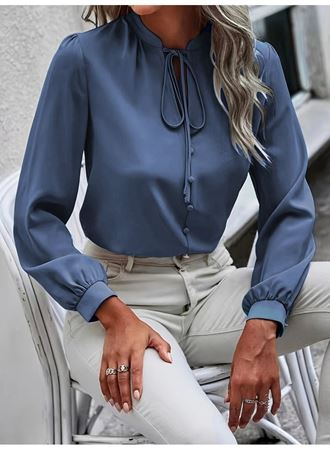 Kadın Uzun Kollu Yakalı Yakadan Bağcıklı Düğmeli Sandy Bluz