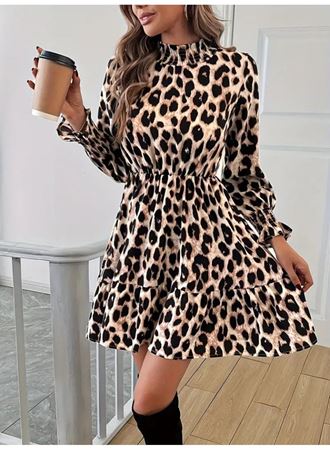 Kadın Uzun Kollu Yarı Balıkçı Yaka Leopar Desenli Modal Mini Elbise
