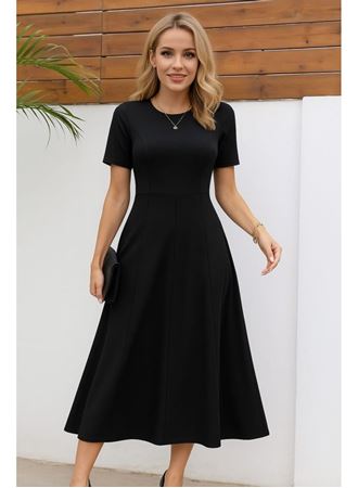 Kadın Kısa Kollu Bisiklet Yaka Maksi Boy Ithal Krep Elbise