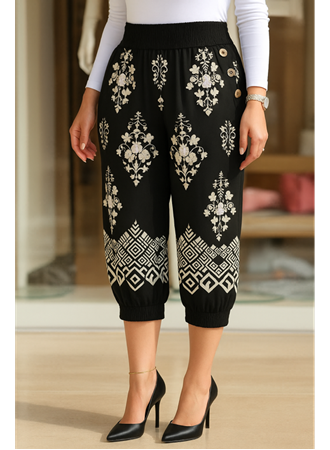 Kadın Beli Lastikli Etnik Desenli Kapri Süprem Pantolon