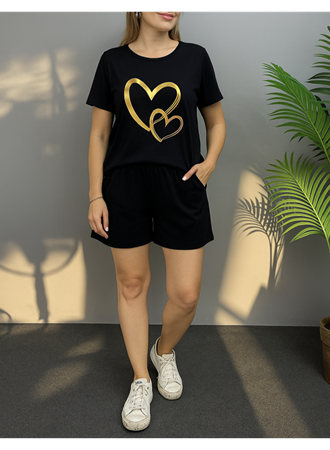 Kadın Kısa Kollu Bisiklet Yaka Viskon Iki Iplik Bluz Ve Short Ikili Takım