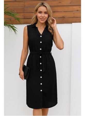 Kadın Sıfır Kollu Hakim Yaka önden Düğmeli Belden Kuşaklı Ithal Keten Elbise