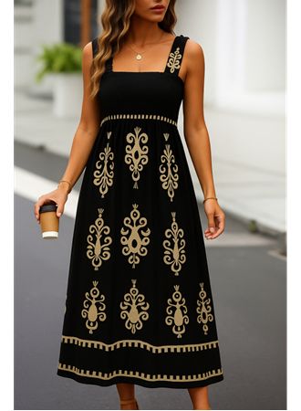 Kadın Askılı Kare Yaka Gipe Detaylı Desenli Suprem Elbise