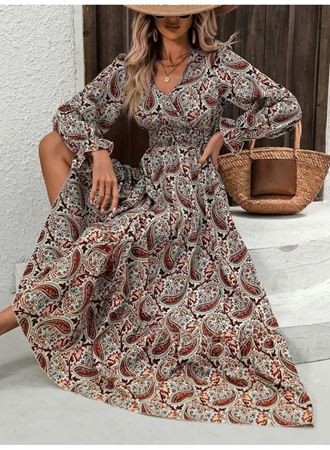 Kadın Uzun Kollu V Yakalı Beli Lastikli Desenli Süprem Elbise