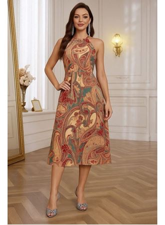 Kadın Kolsuz Boyundan Bağlamalı Beli Lastikli Etnik Desen Baskı Süprem Uzun Elbise