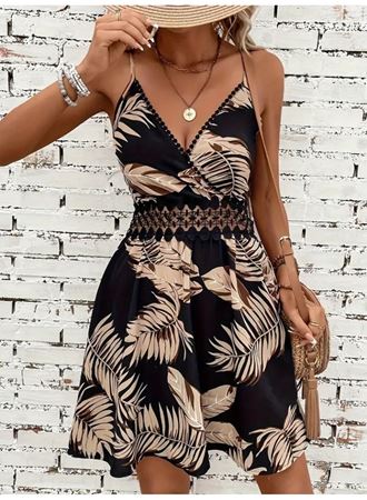 Kadın Ip Askılı Kruvaze Yakalı Desenli Mini Süprem Mini Elbise