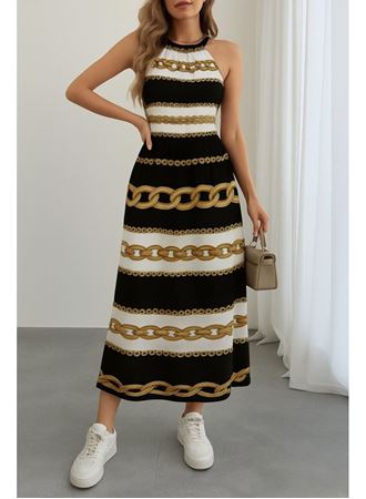 Kadın Kolsuz Boyundan Bağlamalı Beli Lastikli Dijital Baskı Süprem Uzun Elbise