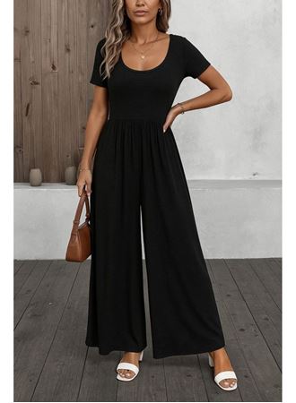 Kadın Kısa Kollu Yuvarlak Yaka Geniş Paçalı Bürümcük Tulum