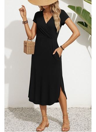 Kadın Kısa Kollu Hakim V Yaka Viskon Elbise