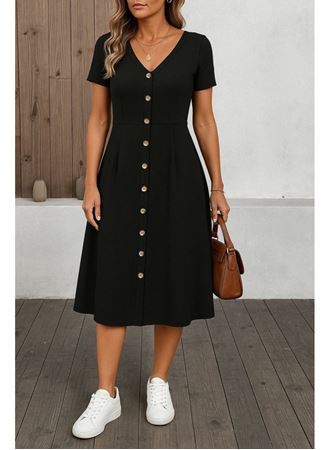 Kadın Kısa Kollu V Yakalı önden Düğmeli A Kesim Dokuma Elbise