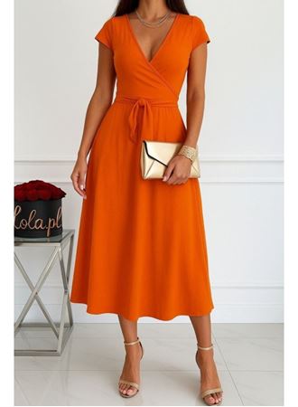 Kadın Kısa Kollu V Yakalı Belden Kuşaklı Maksi Boy Viskon Elbise