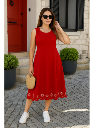 Kadın Kolsuz Etek Ucu Lazer Kesim çiçek Desenli Midi Boy Ithal Krep Elbise