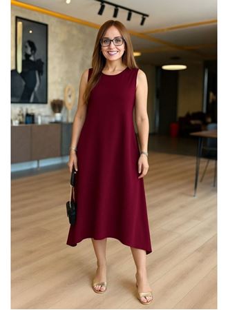 Kadın Askılı Yuvarlak Yakalı Asimetrik Kesim Detaylı Viskon Elbise