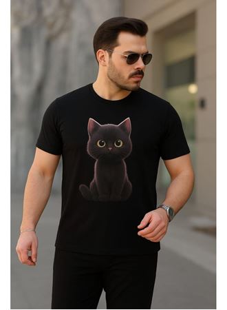 Erkek Bisiklet Yaka Kedi Baskılı Süprem T-shirt