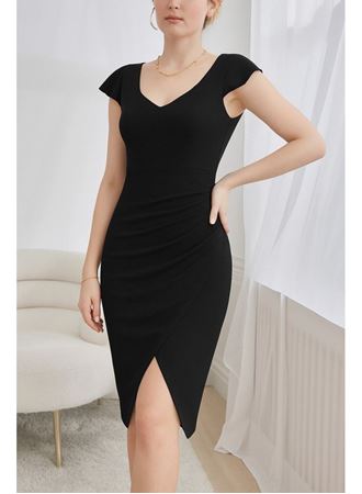 Kadın Kısa Kollu Kalp Yaka Yanlardan Büzgü Detay Midi Janjan Krep Elbise