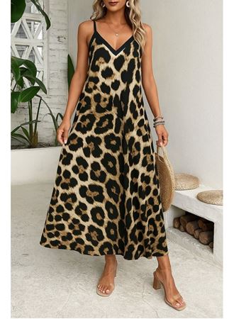 Kadın Ip Askılı Geniş V Yakalı Leopar Desenli Süprem Elbise