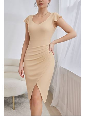 Kadın Kısa Kollu Kalp Yaka Yanlardan Büzgü Detay Midi Ithal Krep Elbise