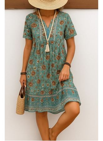 Kadın Kısa Kollu Yakası Bağcıklı önden Düğmeli Fırfır Desenli Süprem Elbise