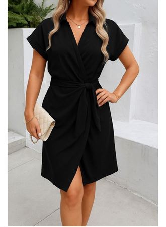 Kadın Kısa Kollu Yakalı Yandan Bağlamalı Dokuma Elbise