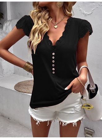 Kadın Kısa Kollu V Yakalı önü Düğmeli Viskon Bluz