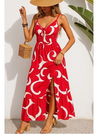 Kadın Ip Askılı Dekolteli Bağcıklı Yırtmaçlı Desenli Süprem Elbise