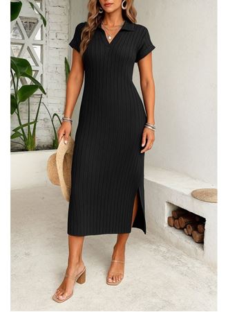 Kadın Kısa Kollu Yakalı Yandan Yırtmaçlı Kalın Fitilli Kaşkorse Elbise