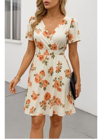 Kadın Kısa Kollu Kruvaze Yakalı Desenli Süprem Kısa Elbise