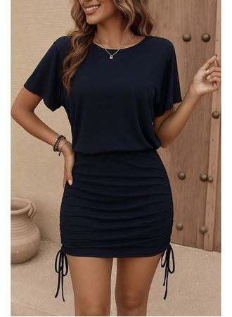 Kadın Kısa Kollu Bisiklet Yaka Yanlardan Büzgülü Kısa Viskon Elbise