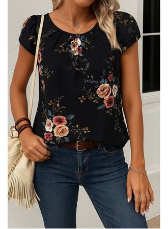 Kadın Kısa Kollu Bisiklet Yaka çiçek Baskılı Süprem Bluz