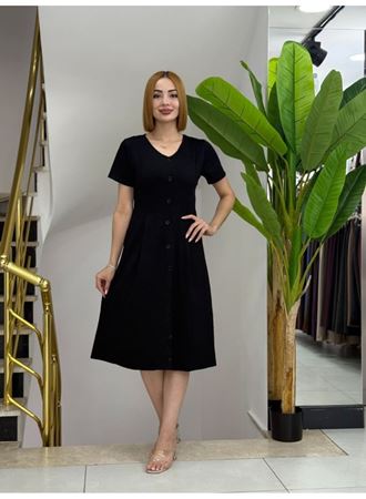 Kadın Kısa Kollu V Yakalı önden Düğmeli A Kesim Dokuma Elbise