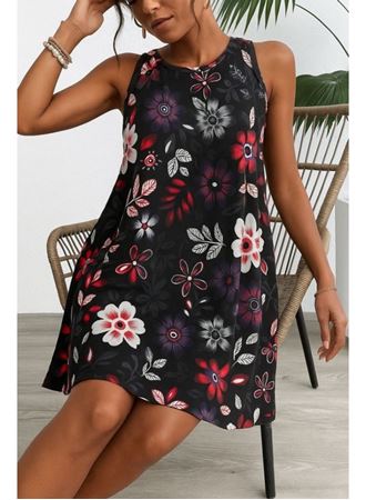 Kadın Askılı Yuvarlak Yaka Desenli A Kesim Süprem Elbise