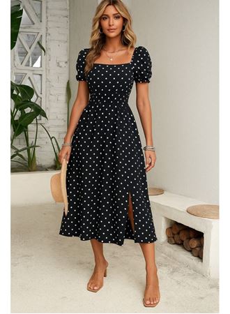 Kadın Kısa Kollu Geometrik Yaka Yırtmaçlı Puantiyeli Midi örme Krep Elbise